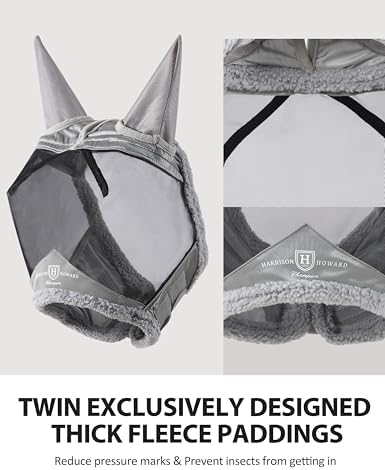 Harrison Howard Horse Fly Mask UV Protective Fine Mesh with Extra Wool Soft Touch on Skin Fly and UV Protection Moonlight Silver-Black M