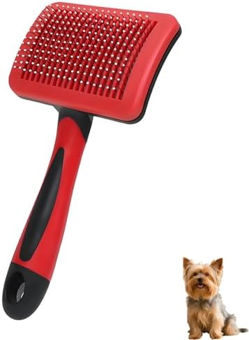 Self Cleaning Slicker Dog Brush for Small Long-Haired Breeds (Black, Red)