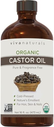 Viva Naturals Organic Castor Oil, Cold-Pressed, 16 fl oz – For Face, Hair, Eyelashes, USDA Organic, Non-GMO - Glass Bottle