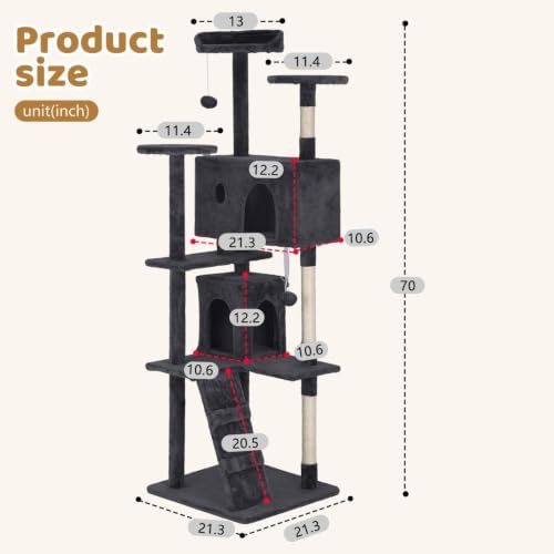 BestOffice 70" Cat Tree with Toy, Multi-Level Cat Tower Indoor Dark Gray