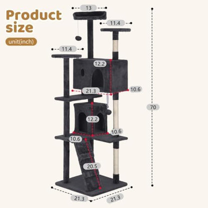 BestOffice 70" Cat Tree with Toy, Multi-Level Cat Tower Indoor Dark Gray