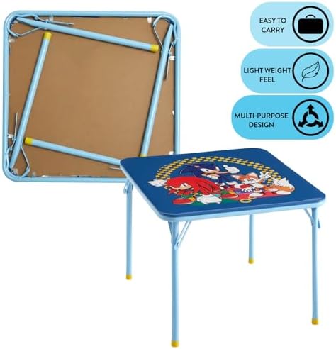 Sega Sonic The Hedgehog Kids Table and Chair Set, 3-Piece Square Table with 2 Folding Chairs for Playroom & Activities