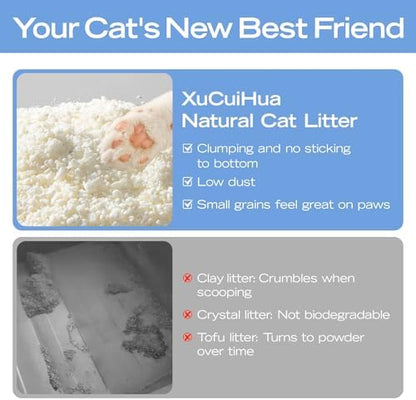 XuCuiHua Natural Cat Litter Unscented, 100% Plant-Based, Strong Clumping Litter, Easy Scooping, Clumps Lift Cleanly, Chemical-Free, Low Dust, Corn & Cassava Litter, 5.5 LB