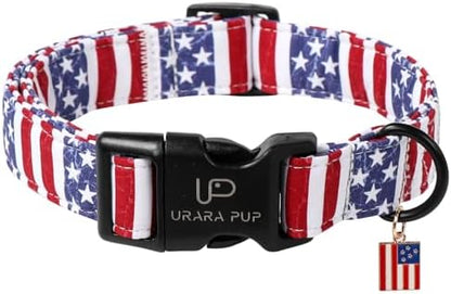 Flag Dog Collar, 4th of July Comfortable Cotton Dog Collars, American Flag Collar for Medium Girl Boy Dogs, Patriotic Collars with Quick Release