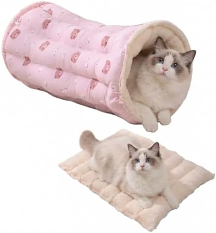 2-in-1 Cat Tunnel Bed Detachable Cat Mat Washable Kitten Play Tube & Rug (Pink, M)