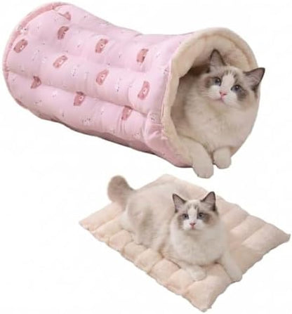 2-in-1 Cat Tunnel Bed Detachable Cat Mat Washable Kitten Play Tube & Rug (Pink, M)