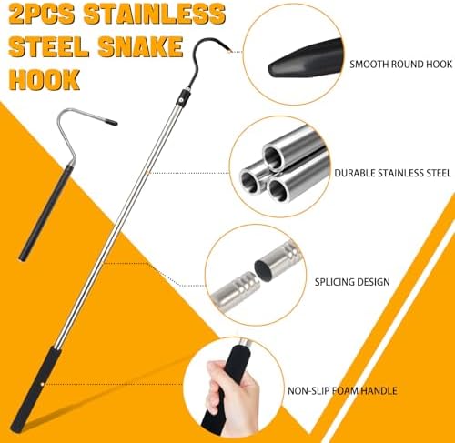 2pcs Snake Hook Set, Heavy Duty Snake Catcher Stainless Steel Snake Handling Tool for Moving Ball Rattlesnakes Python Copperhead with Long Handle (65inch&26inch)