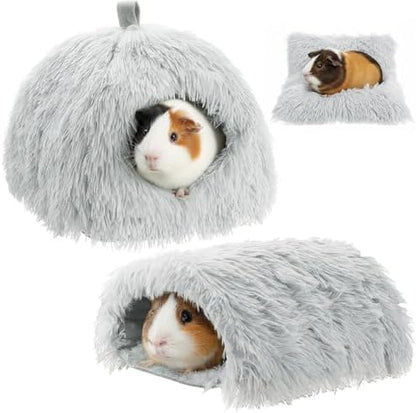 2 Pack Guinea Pig Hideout Bed with Tunnel, Large Soft Plush Cozy House, Washable Hideaway for Guinea Pigs and Small Animals(Style 1)