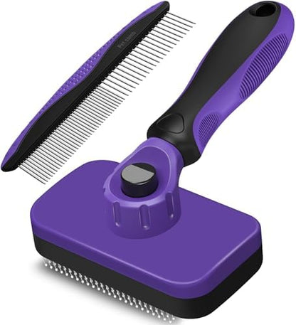2PCS Self Cleaning Slicker Brush & Dog Comb - Skin Friendly Deshedding Grooming Tool for Dogs, Cats and Small Animals, Professional Deshedding Dematting Tool for Long and Short Haired Pets (Purple)