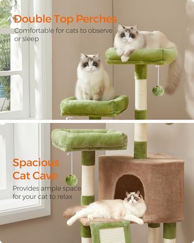 Feandrea Cat Tree, 45.3-Inch Cute Cat Tower, Climbing Condo, Green & Brown