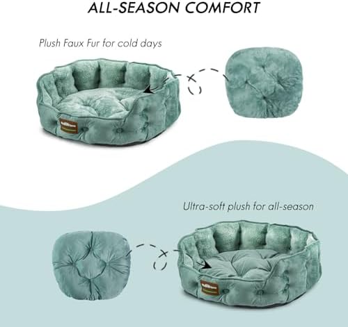 ClevaHome Upgrade Plush Faux Fur Cat Bed - Washable Round Cat Beds for Indoor Cats, Small Dog Bed for Pets up to 15lbs, Reversible Cushion, Non-Slip Bottom (Washed Green)