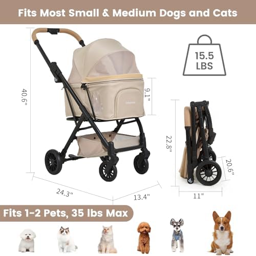 Portable Compact Dog Strollers for Small Dogs with Cup Holder - Khaki
