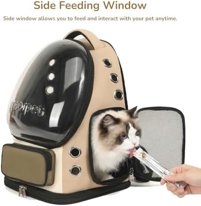 Cat Bubble Backpack Carrier, TSA Airline Approved Pet Travel Bag for Small Medium Dogs, Clear Hiking Camping Backpack for Cats, Kitten and Puppy up to 18 lbs, Khaki Bubble