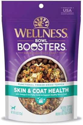 Wellness Bowl Boosters Skin and Coat Health Dog Food Topper with Freeze Dried Pieces for Small, Medium, and Large Breeds, Grain Free, Natural, Chicken Recipe, 4 oz Bag