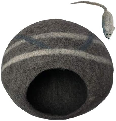 100% Wool Felt Cat Cave Bed Handmade in Nepal with Free Mouse Toy Included (Gray Stripe)