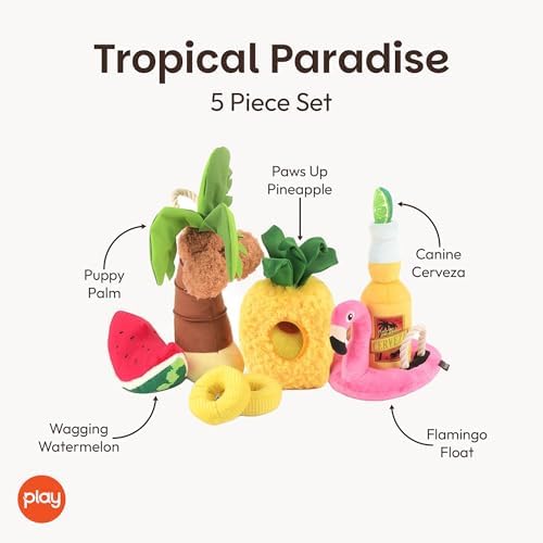 P.L.A.Y. Cute Plush Dog Toys - Tropical Paradise Summer Pool Themed Durable Squeaker Chew Toys, Great for Puppies & Small, Medium, Large Dogs - Machine Washable, Recycled Materials (5 Piece Set)