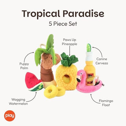 P.L.A.Y. Cute Plush Dog Toys - Tropical Paradise Summer Pool Themed Durable Squeaker Chew Toys, Great for Puppies & Small, Medium, Large Dogs - Machine Washable, Recycled Materials (5 Piece Set)