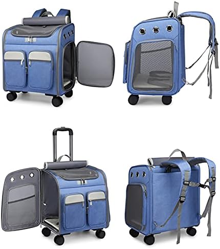 Wheeled Pet Carrier Backpack Pet Stroller, Travel Carrier, Car Seat for Small Dogs Cats Puppies, Comfort Cat Backpack Removable Rolling Wheels – Mesh Ventilation Windows (Large Blue)