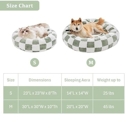 Ohocut Checkered Dog Bed, Cute Sage Green Retro Style Aesthetic Round Warming Pet Calming Beds for Small Dog and Cats, Plush Cozy Donut Washable, 30" L x 30" W x 8" Th