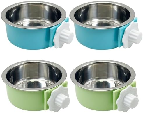 Tfwadmx 4 Pcs Crate Dog Bowl Cat Removable Stainless Steel Food and Water Feeder Hanging Cage Bowls Coop Cup with Cleaning Set for Pet Puppy Bird Rat Guinea Pig Ferret Bunny Rabbit (Light Blue&Green)