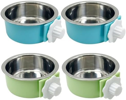 Tfwadmx 4 Pcs Crate Dog Bowl Cat Removable Stainless Steel Food and Water Feeder Hanging Cage Bowls Coop Cup with Cleaning Set for Pet Puppy Bird Rat Guinea Pig Ferret Bunny Rabbit (Light Blue&Green)