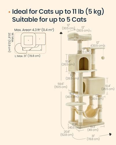 SONGMICS HOME Cat Tree for Indoor Cats, Multi-Level Cat Tower with Sisal Scratching Posts, Hammock and Condo, Beige