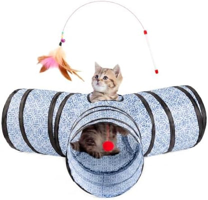 Tempcore 3 Way Collapsible Cat Tunnel for Indoor Cats, Pet Tunnel Bored Toys with Peek Hole & Ball for Puppy, Kitty, Kitten, Rabbit