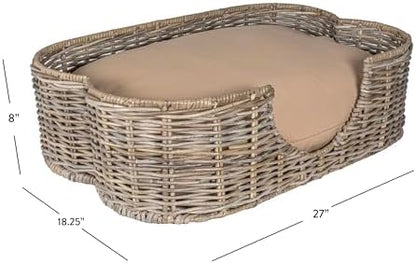 DBD1002A Scallop 27" x 18.25" Tropical Handwoven Rattan Dog Bed with Machine Washable Cushion, Kubu Gray
