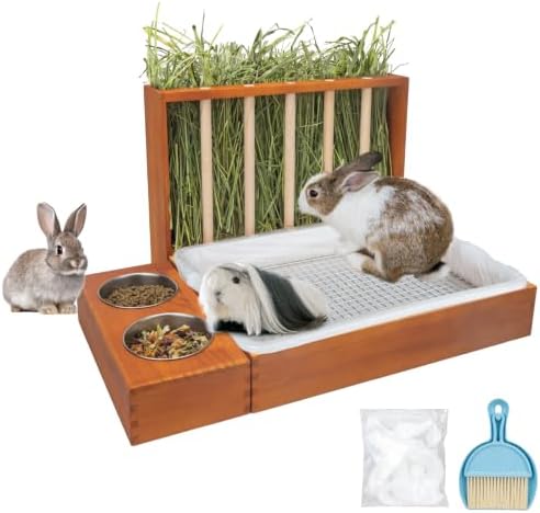 BESNEW 3-in-1 Rabbit Hay Feeder with Litter Box,Upgraded Rot Resistant Rreatment Wooden Hay Feeder with 2 Bowls & Stainless Steel Mesh for Guinea Pigs,Chinchillas,Rabbits & Other Small Animals