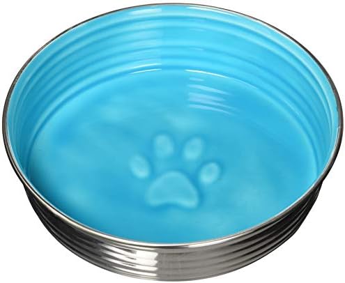 Loving Pets - Le BOL Dog Food Water Bowl Enamel Ceramic Bowl No Tip Stainless Steel Pet Bowl No Skid Spill Proof (Large, Siene Blue)