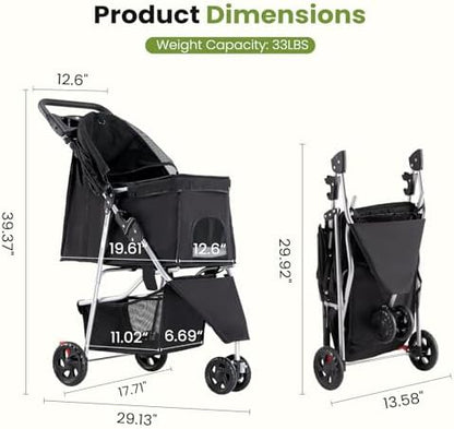 3 Wheel Dogs Stroller for Small to Medium Pets, Foldable Design
