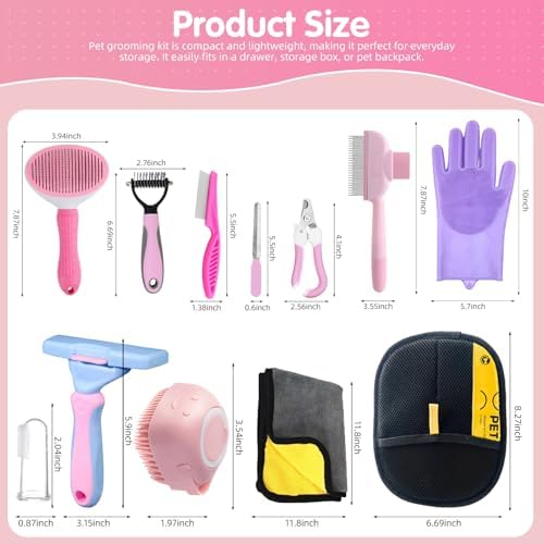Aglads 12PCS Cat Rabbit Bunny Dog Grooming Kit,Self-Cleaning Slicker Brush&Deshedding Tool,Dematting Comb,Nail Clipper&File,Electrostatic Hair Removal Gloves,Complete Pet Grooming Supplies(12, pink)