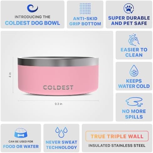 Coldest Dog Bowl - Anti Rust Metal, Non Slip, 3 Layers Insulated Stainless Steel Dog Bowls - Spill Proof & Heavy Duty - Water Bowl for Dogs, Cats & Pets, Dish Washer Safe (100 oz, Cotton Candy Pink)