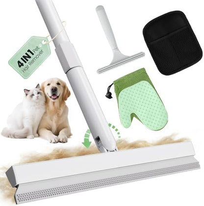 Carpet Rake for Pet Hair Removal Tool - 4 in 1 Pet Hair Remover Kit for Dog Cat Fur Remover, Contain 60" Adjustable Rubber Broom, Glove, Magic Brush and Scraper for Furniture,Short Pile Carpets, Mats