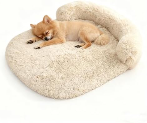 Orthopedic Dog Bed with Egg-Crate Base, Calming Dog & Cat Beds Long Plush with Raised Edges, Spine Friendly Pet Sleeping Mat for Small Medium Dogs, Machine Washable (Oval, Beige 26"x20")