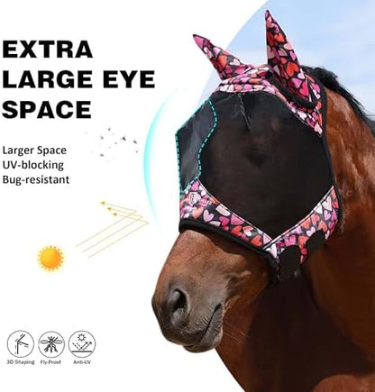 Harrison Howard Pro LumiVista Horse Half Face Fly Mask Large Eye Space with Ears UV Protection for Horse Cute Hearts M