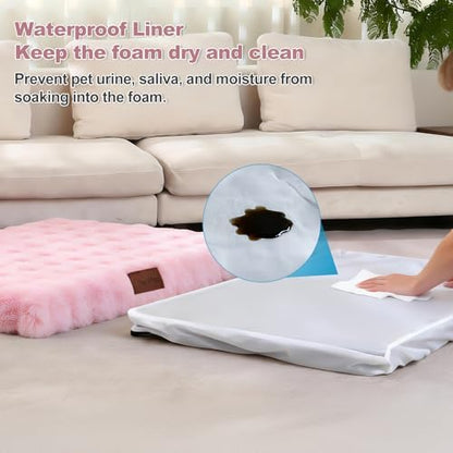 Orthopedic Dog Beds for Big Dogs, Fluffy Faux Rabbit Fur Pet Bed with Removable Washable Cover, Dog Bed Mat with Egg Crate Foam & Waterproof Lining, Anti Slip Bottom, Pink,52"x36"x4"