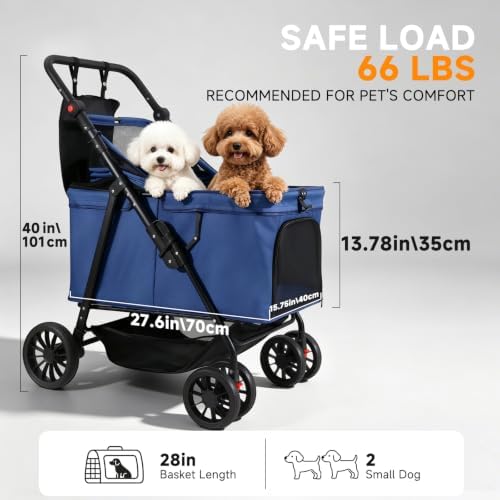 Dog Stroller for Large & Medium Dogs (Up to 66 lbs), Pet Stroller for 2 Small Dogs with Adjustable Handle & Canopy, Sun Shades, Storage Organizer, Oxford Fiber, Foldable & Ventilated