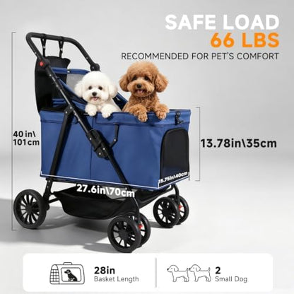 Dog Stroller for Large & Medium Dogs (Up to 66 lbs), Pet Stroller for 2 Small Dogs with Adjustable Handle & Canopy, Sun Shades, Storage Organizer, Oxford Fiber, Foldable & Ventilated