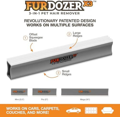 FurDozer Pet Hair Remover & Auto Detailing Tools - Cat & Dog Hair Remover for Carpets, Car Interiors, Couches, Bedding, & Pet Furniture (Gray, X3 MEGA - 10" Long)