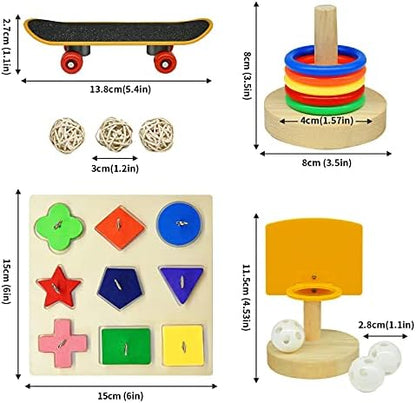 Bird Toys for Parakeets,5pcs Parrot Toys Set (Include Basketball Hop,Skateboard,Stacking,Parrot Wooden Block Puzzles,Small Sepak Takraw) Parakeet Toys for Bird Training Toys