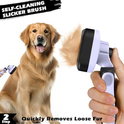 Professional 3PCS Self Cleaning Slicker Brush & Pet Grooming Rake & Flea Comb for Dogs,Cats and Horses | Double-Sided Dematting Comb & Skin Friendly Deshedding Grooming Tool (Light Purple)