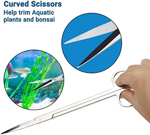 Segarty Aquarium Aquascaping Tools, 6 in 1 Stainless Steel Silver Aquascaping Tools Kit for Aquatic Plant Fish Tank, Long Scrapers Spatula Feeding Tweezers Curved Straight Scissors Aquarium Tools