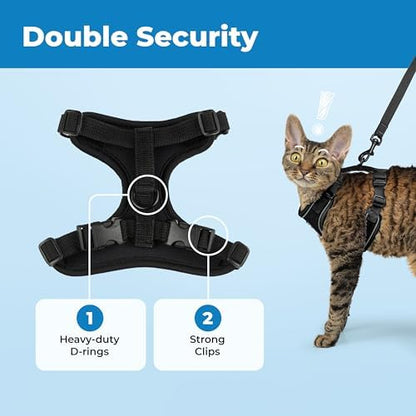 Voyager Escape-Proof Step-in Lock Cat Harness & 5ft Neoprene-Handle Leash Set All-Weather Mesh with Reflective Stitching for Small to Large Cats by Best Pet Supplies, Black (327), S