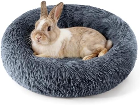 Rabbit Bed, Long Plush Donut Shaped Washable Bunny Hideout Soft Pet Bedding Mat for Guinea Pig, Kitten, Chihuahua & Small Pets for Snuggling Resting - Gray