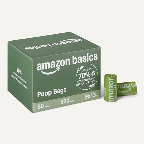 Amazon Basics Dog Poop Bags, 70% Recycled Material, Leak-Proof with Generous Length, 13 x 9 Inch, 900-Pack (60 Rolls), for Walks and Public Spaces