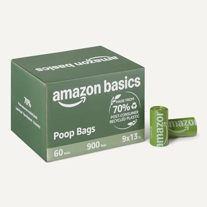 Amazon Basics Dog Poop Bags, 70% Recycled Material, Leak-Proof with Generous Length, 13 x 9 Inch, 900-Pack (60 Rolls), for Walks and Public Spaces