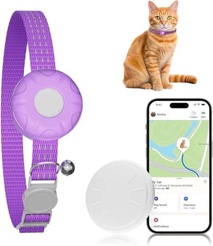 GPS Tracker for Cats, Compatible with Apple Find My App (Only iOS), No Monthly Fee Cat Tracker, Waterproof (White Tracker, Purple Cat Collar)