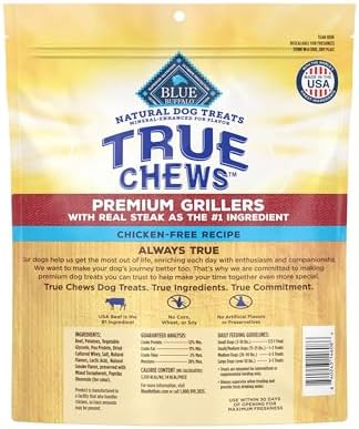 Blue Buffalo True Chews Premium Grillers Dog Treats, Made in the USA with Natural Ingredients, Steak, 30-oz. Bag (Pack of 3)