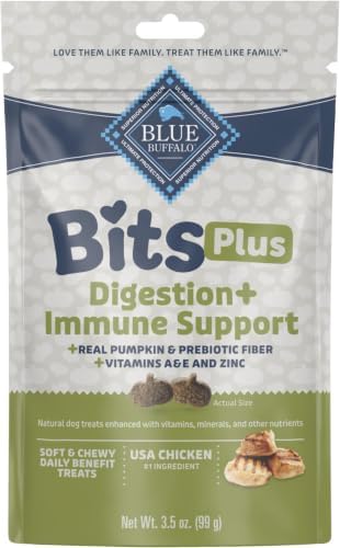 Blue Buffalo Blue Bits Plus Digestion and Immune Support Daily Benefit Dog Treats, Soft & Chewy Chicken and Pumpkin Morsels, 3.5-oz. Bag (Pack of 6)